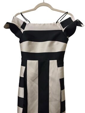Topshop Black and Cream Off Shoulder Striped Dress